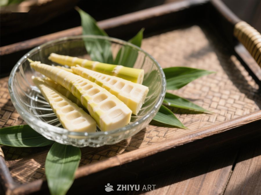 竹笋切片置于玻璃碗中 639