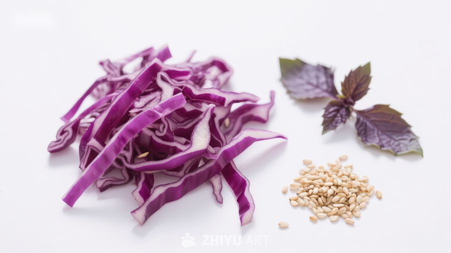 紫甘蓝切丝与芝麻、紫苏叶的组合