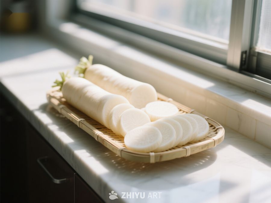 窗边竹盘上的新鲜萝卜 165