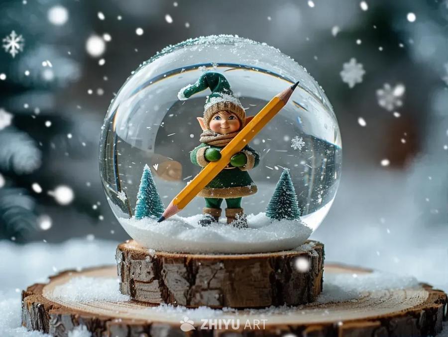 一个玻璃水晶球放置在木质底座上，水晶球内部正在下雪