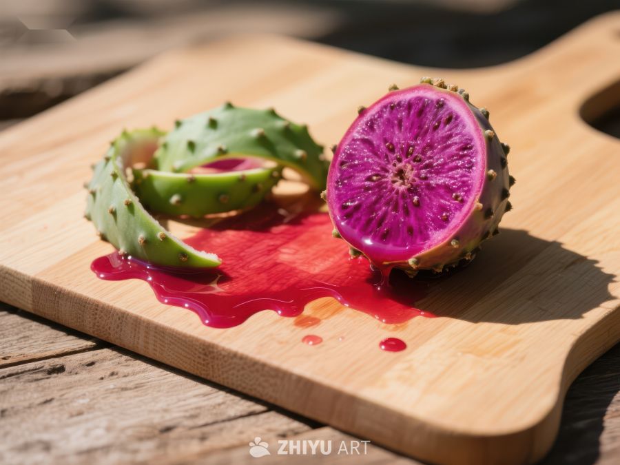 切开的仙人掌果实，汁液流淌 405