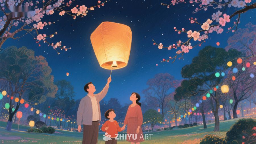 夜空下放飞孔明灯的温馨一家 144
