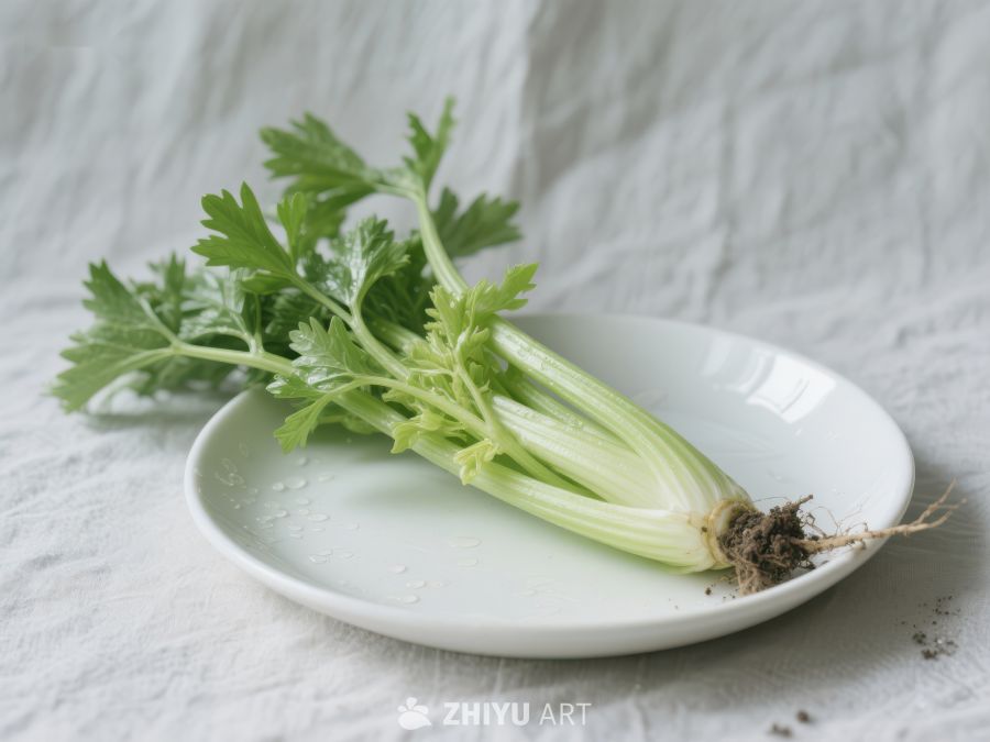 新鲜芹菜置于白色盘中 591