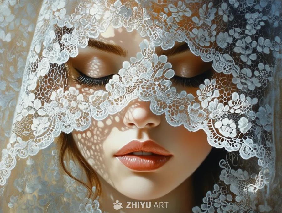 一幅画描绘了一个女人，她的脸被蕾丝覆盖，整个面部都