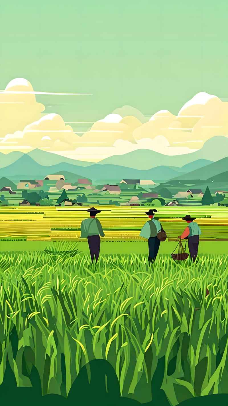 稻田和农作物中的农民绿色范例风格插画 50