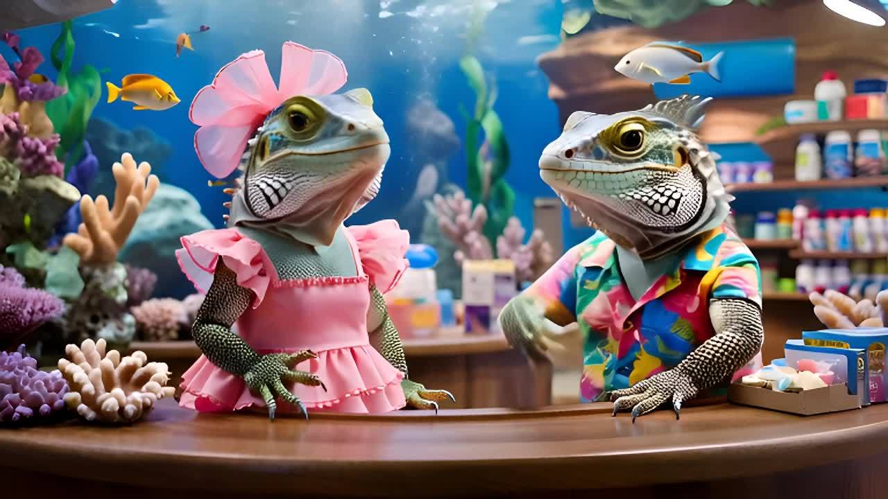 在水族馆商店内，两只蜥蜴站在柜台后面。左边的蜥蜴穿