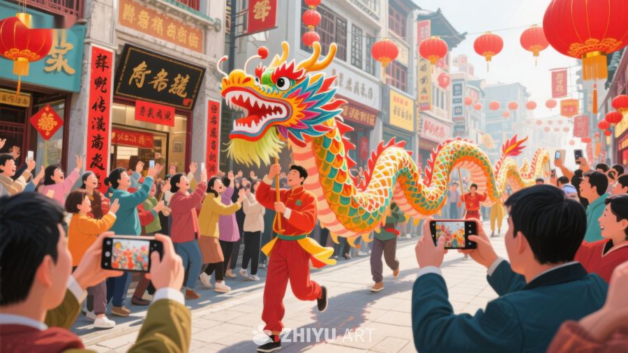 街头舞龙表演吸引众人围观 84