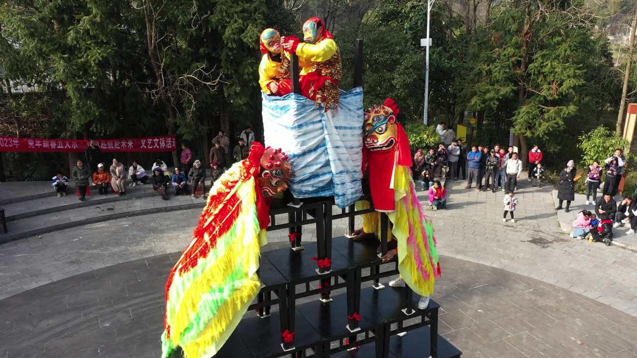 非物质文化遗产高台舞狮航拍
