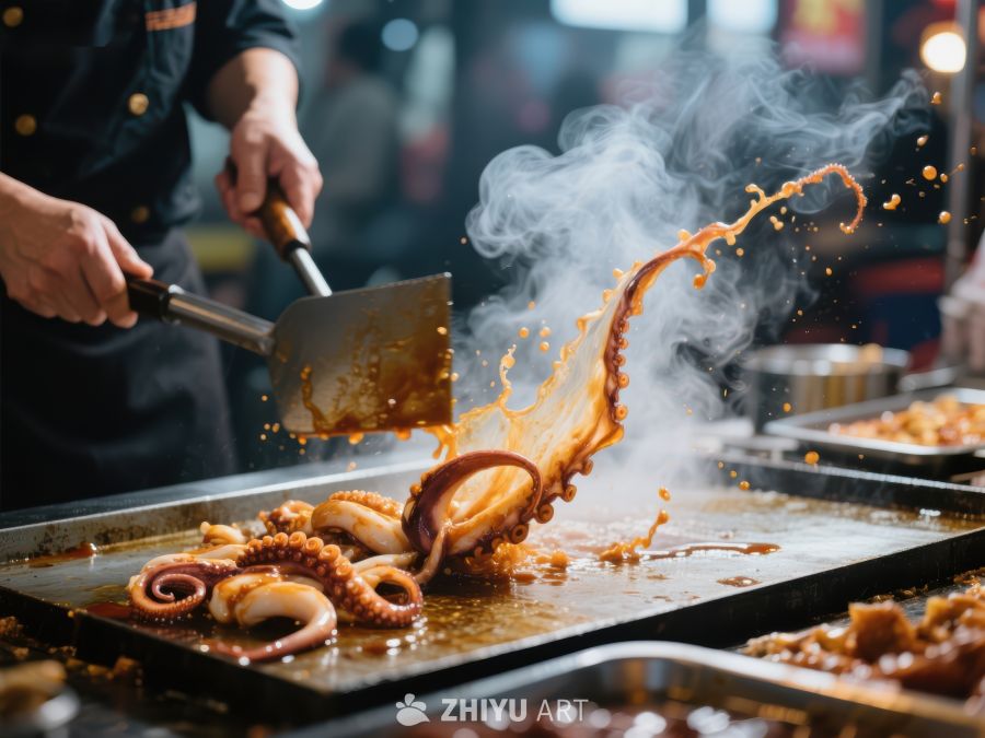 铁板烧鱿鱼，厨师翻炒瞬间