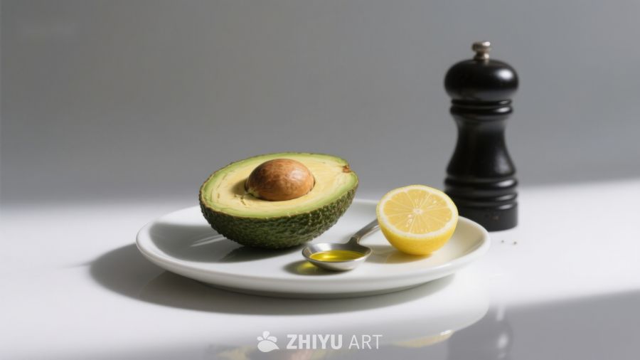 切开的牛油果与柠檬和胡椒瓶