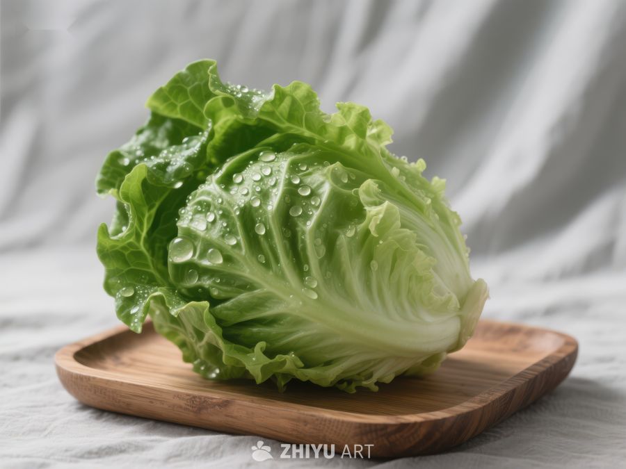 新鲜生菜置于木质托盘上 613