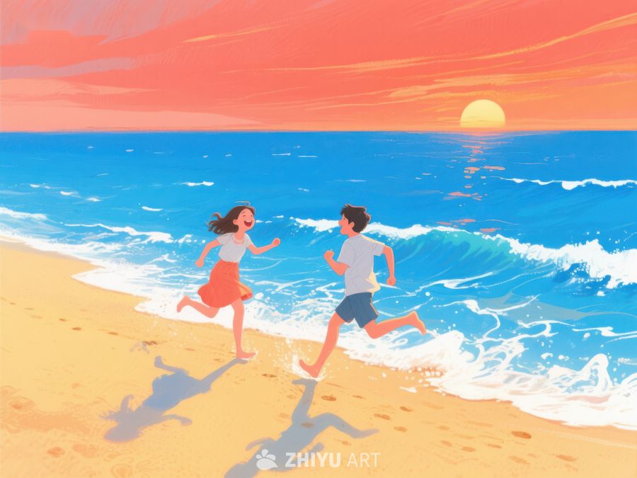 海滩日落，两人奔跑 263