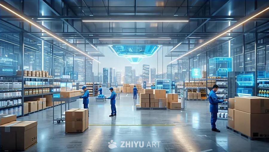一个仓库内，身穿蓝色工装的工人们正在工作。仓库内部