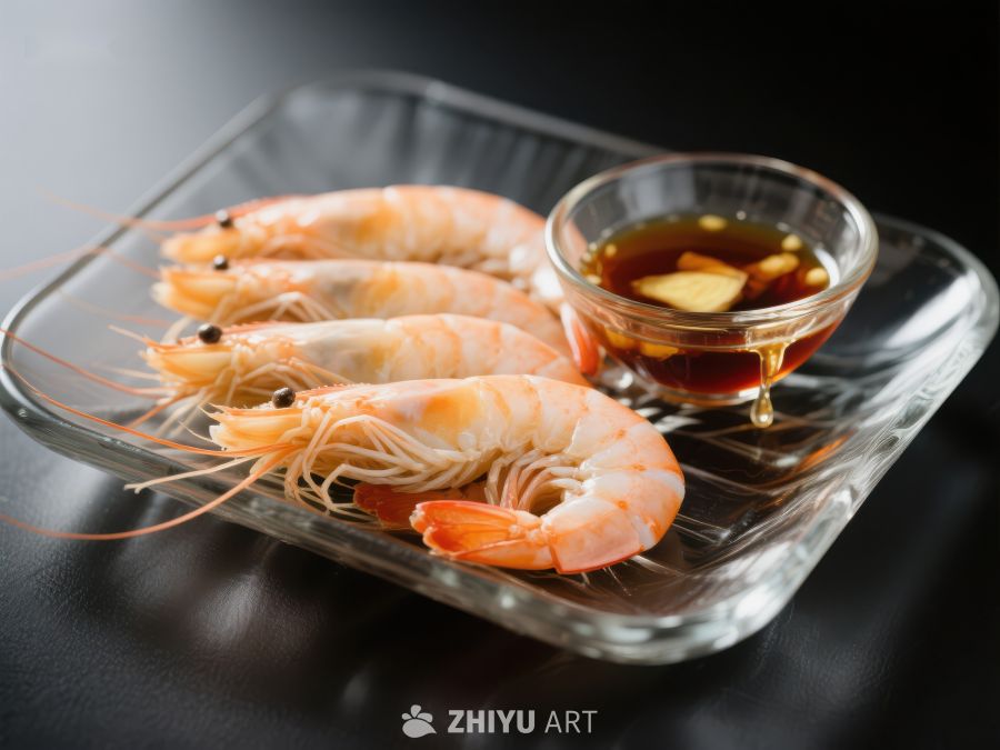 新鲜虾配蘸酱，玻璃盘中呈现 1089