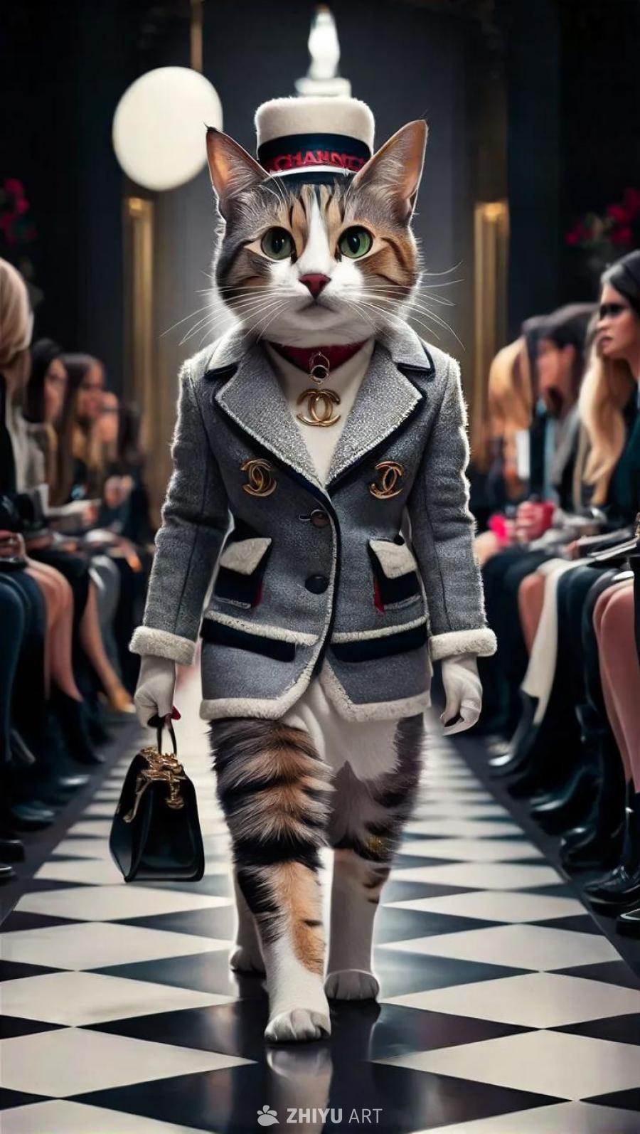 一只拟人化的猫，身穿香奈儿风格的女装，戴着帽子，脖