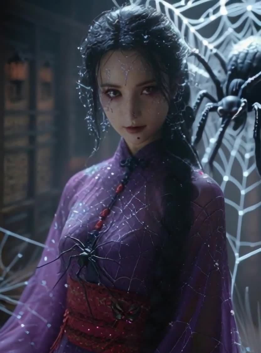 蜘蛛主题的东方古典风格女性肖像，神秘氛围。