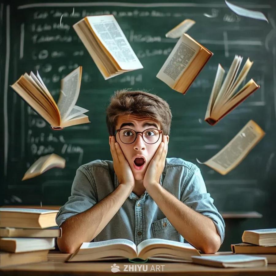 一名学生坐在书桌前，穿着T恤。他的脸上带着震惊的表