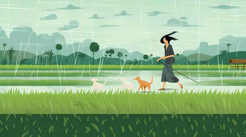 妇女站在稻田与狗，绿色插画风格 18