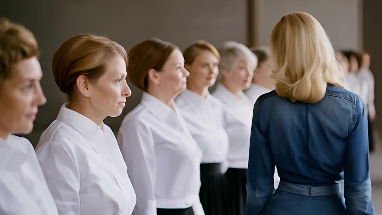 一群穿着白色衬衫和黑色裙子的老年女性站在一排，一位