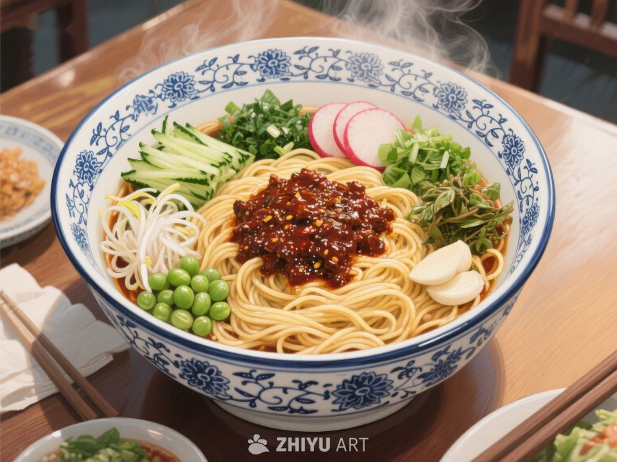 热腾腾的面条配蔬菜和辣椒油 983