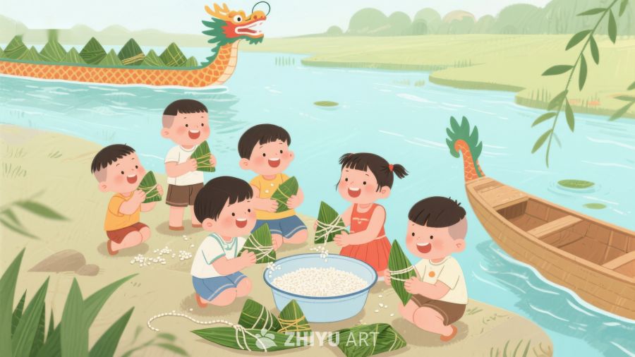 孩子们河边包粽子，龙舟竞渡迎端午 157