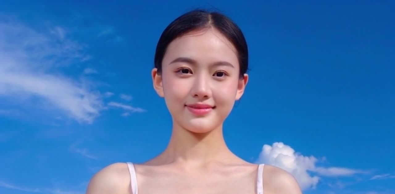 蓝天白云下，微笑的年轻女子肖像照