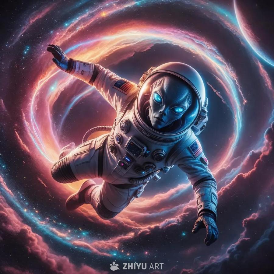 一个穿着未来感十足的太空服的异形，在零重力环境中翻