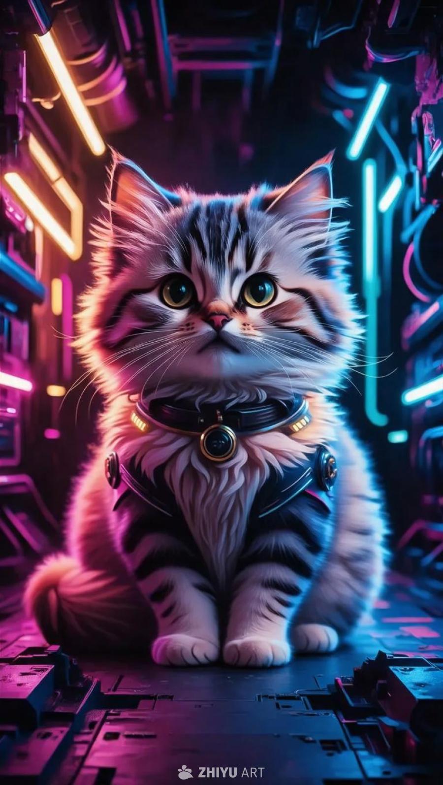 一只毛茸茸尾巴的超级可爱猫的赛博朋克肖像，霓虹灯光
