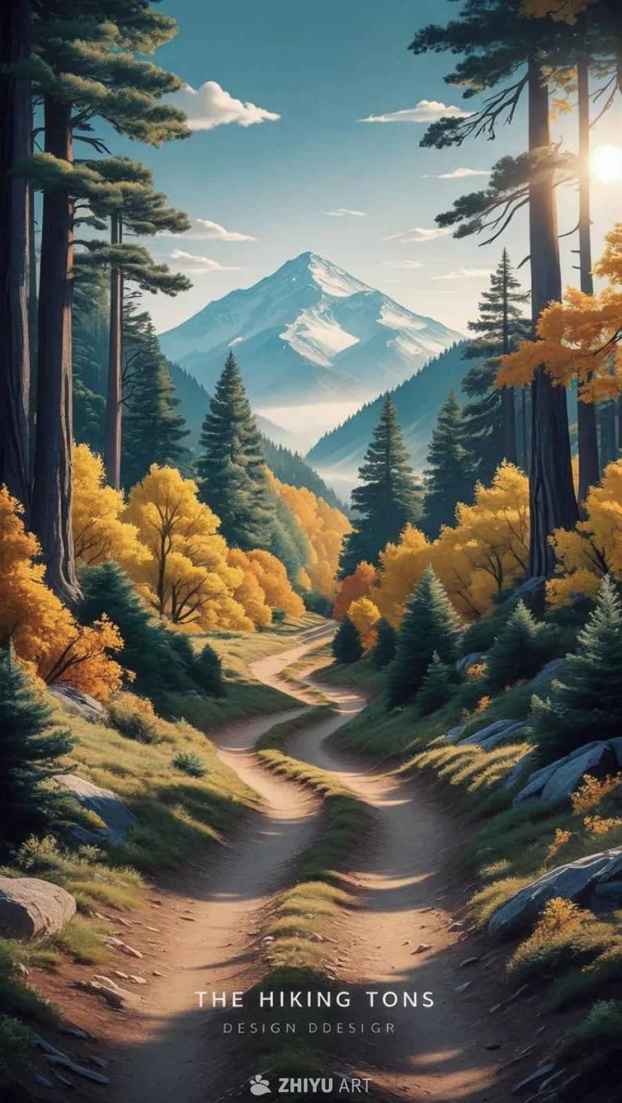 画面中展现了一个登山和户外风格的壁纸设计。一条蜿蜒