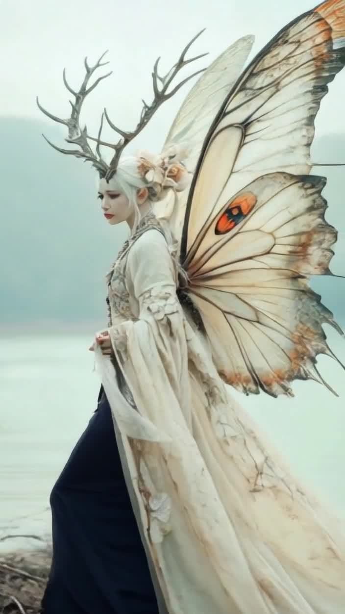 鹿角蝶翼仙女侧影，梦幻长袍与细线意境。