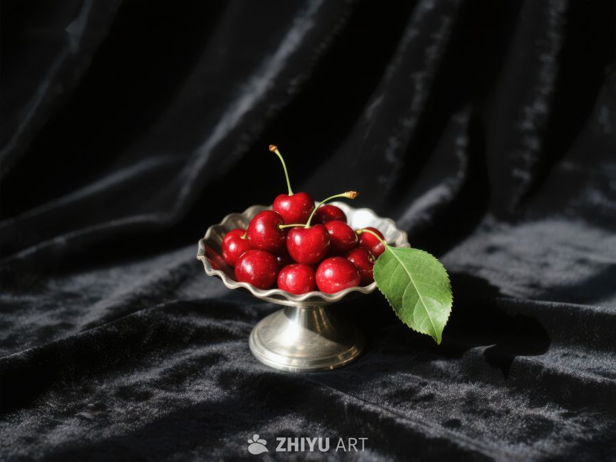 银盘中的樱桃与绿叶 787
