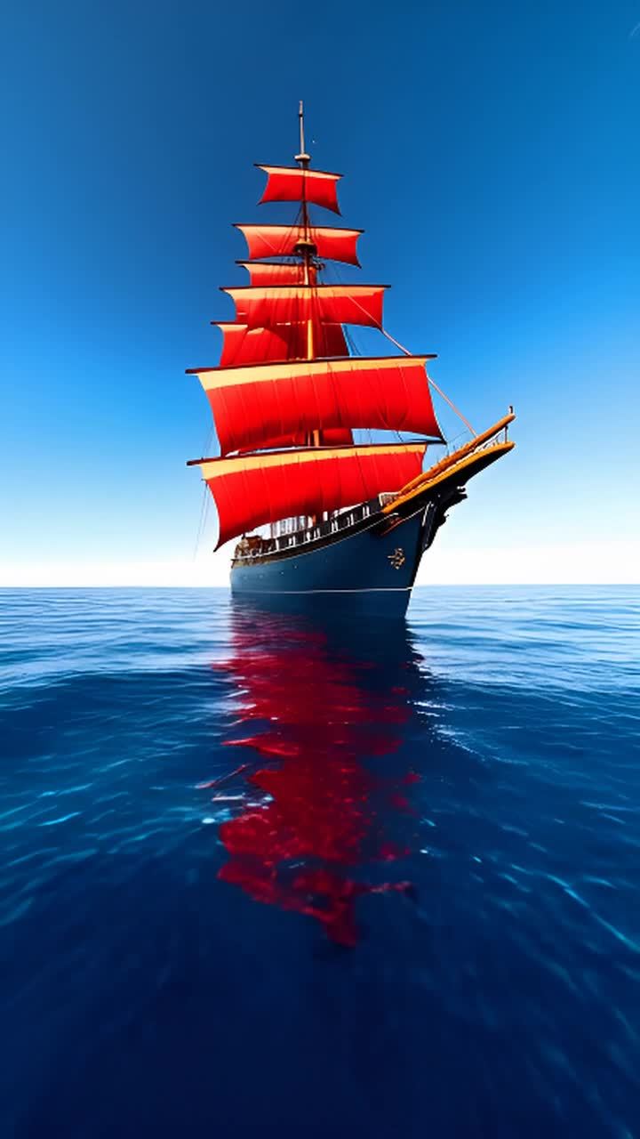 一艘有着猩红色船帆的大船在海中航行，天空是蓝色的，