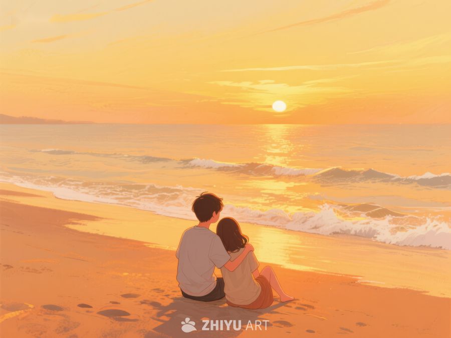 海滩日落，情侣相拥 289