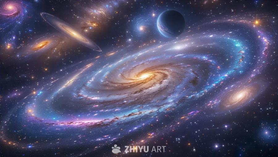 深邃的宇宙空间中，点缀着无数闪烁的星星和色彩斑斓的