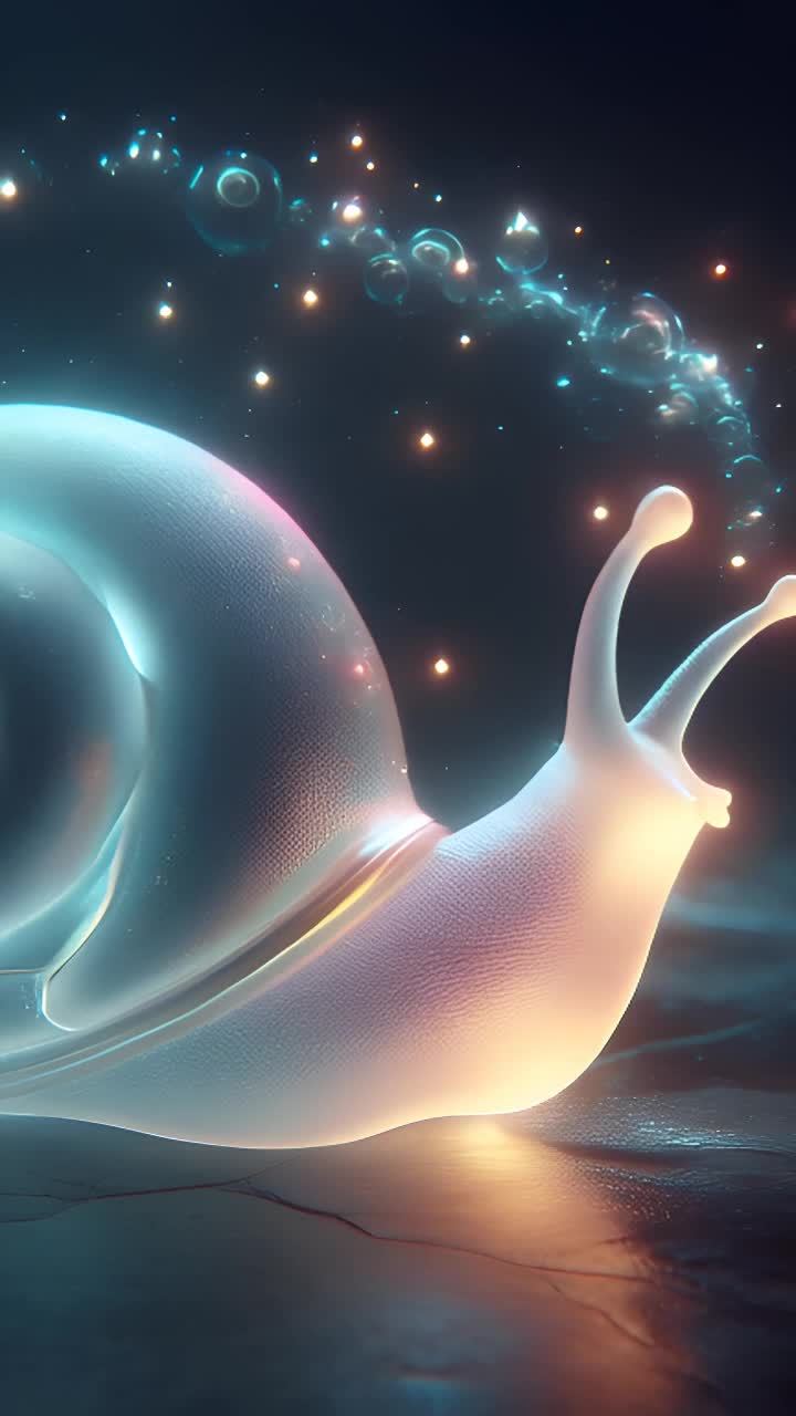 一只发光的蜗牛在深色背景下，其背部和身体发出柔和的