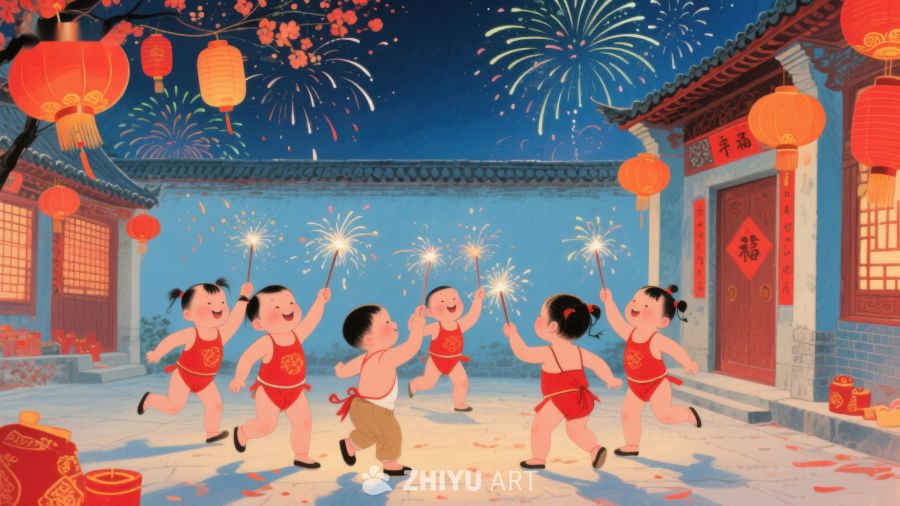 孩童欢庆春节，手持烟花笑闹 262