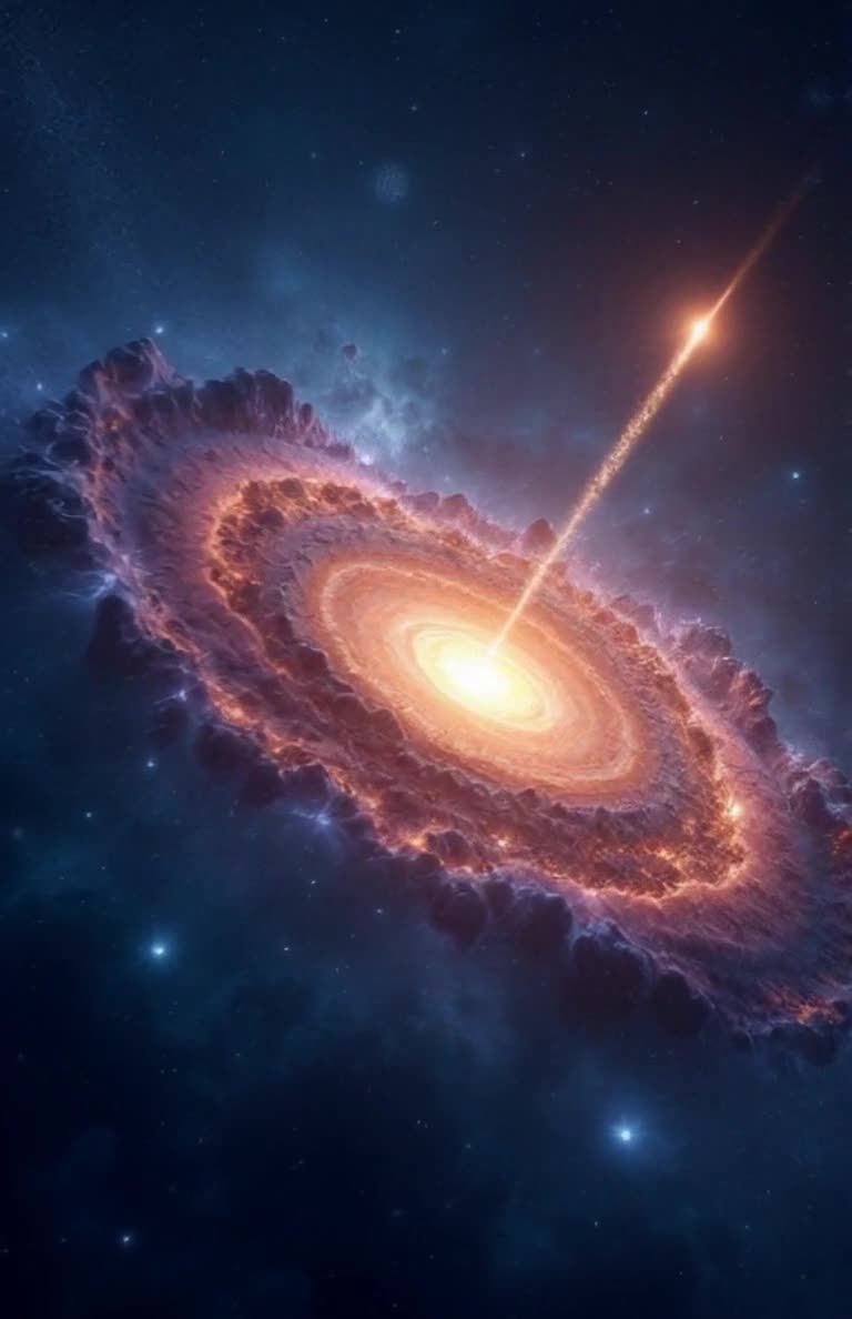 一个旋转的星系，中心散发着耀眼的光芒。星系的周围是