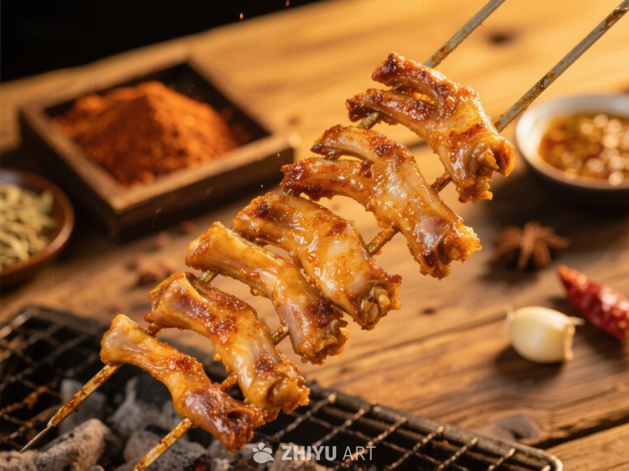 烤串美食：香辣鸡翅烧烤