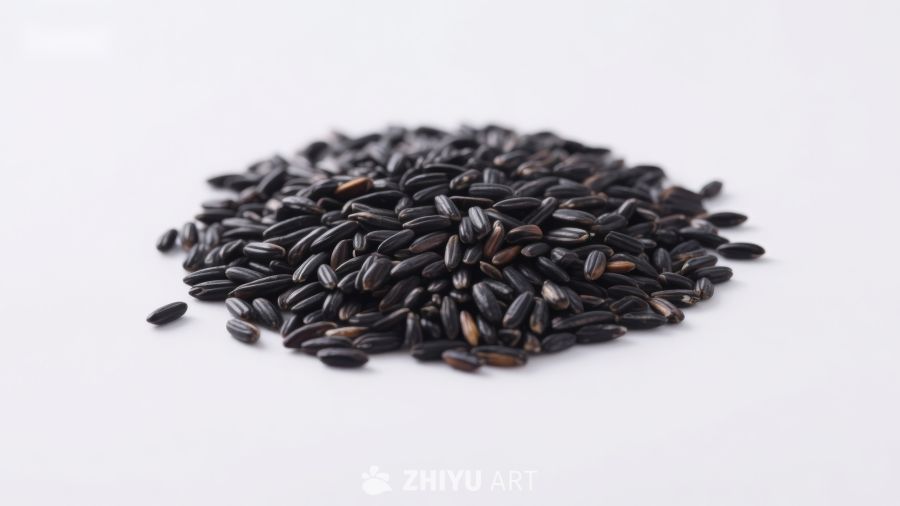 一堆黑色糙米在白色背景上