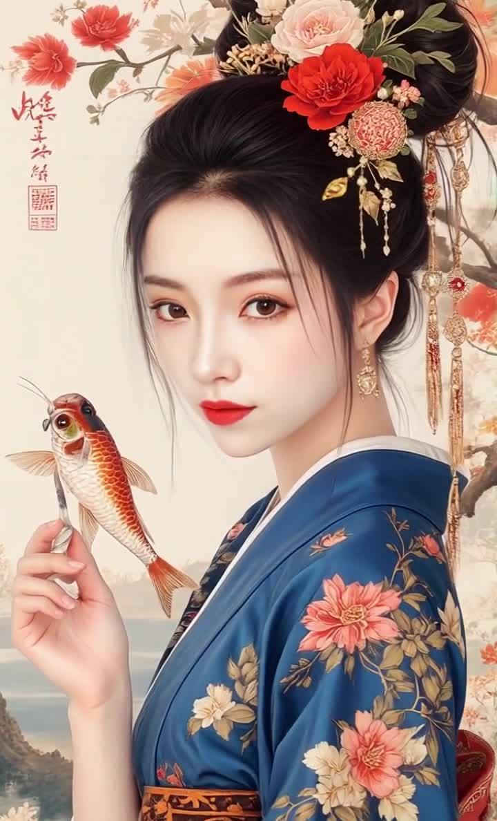 一位身穿蓝色绣花和服的年轻女子。她梳着黑色发髻，戴