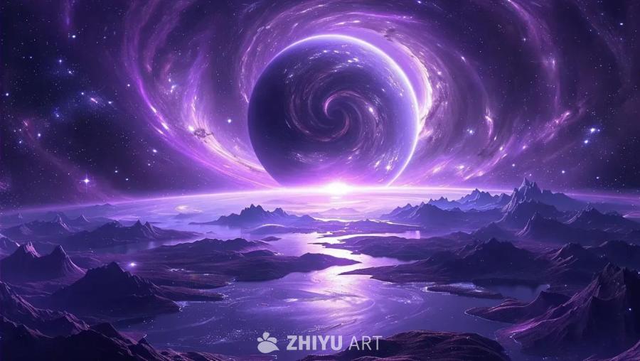 紫色星云中有一个可居住的星球。在星球表面可以看到山