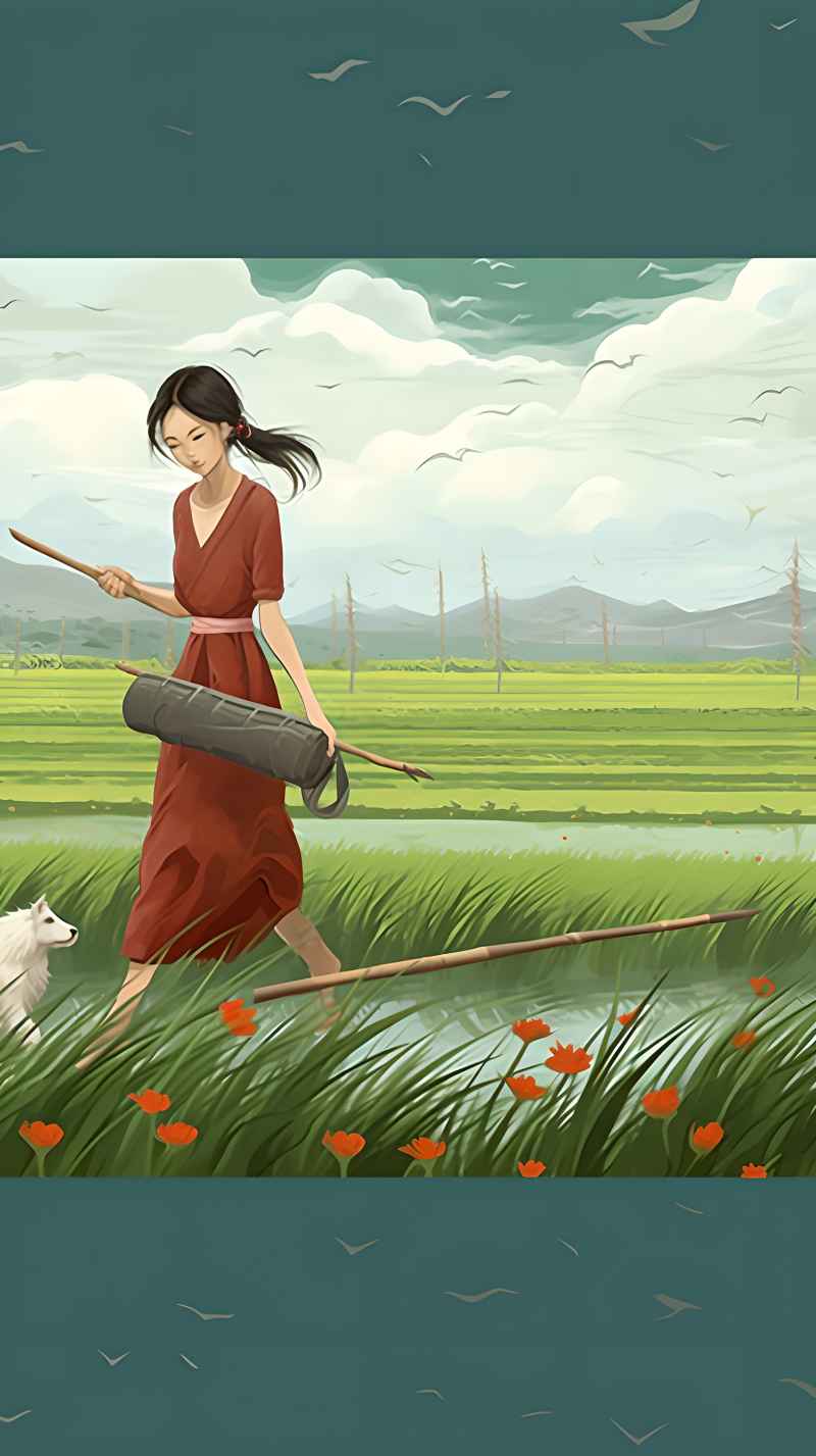 女人站在稻田与狗绿色插画 6