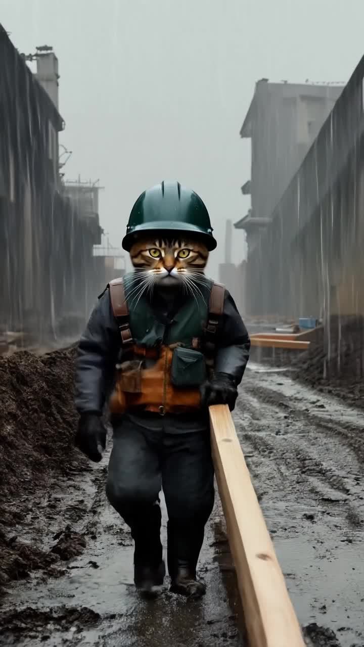一只猫戴着绿色安全帽，穿着深色工作服和棕色马甲，戴