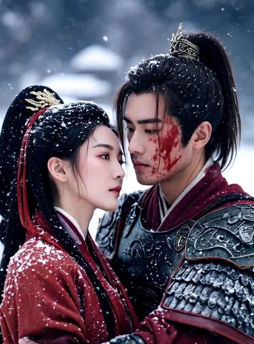 雪中盔甲男女相拥，血迹见证爱情与战争。