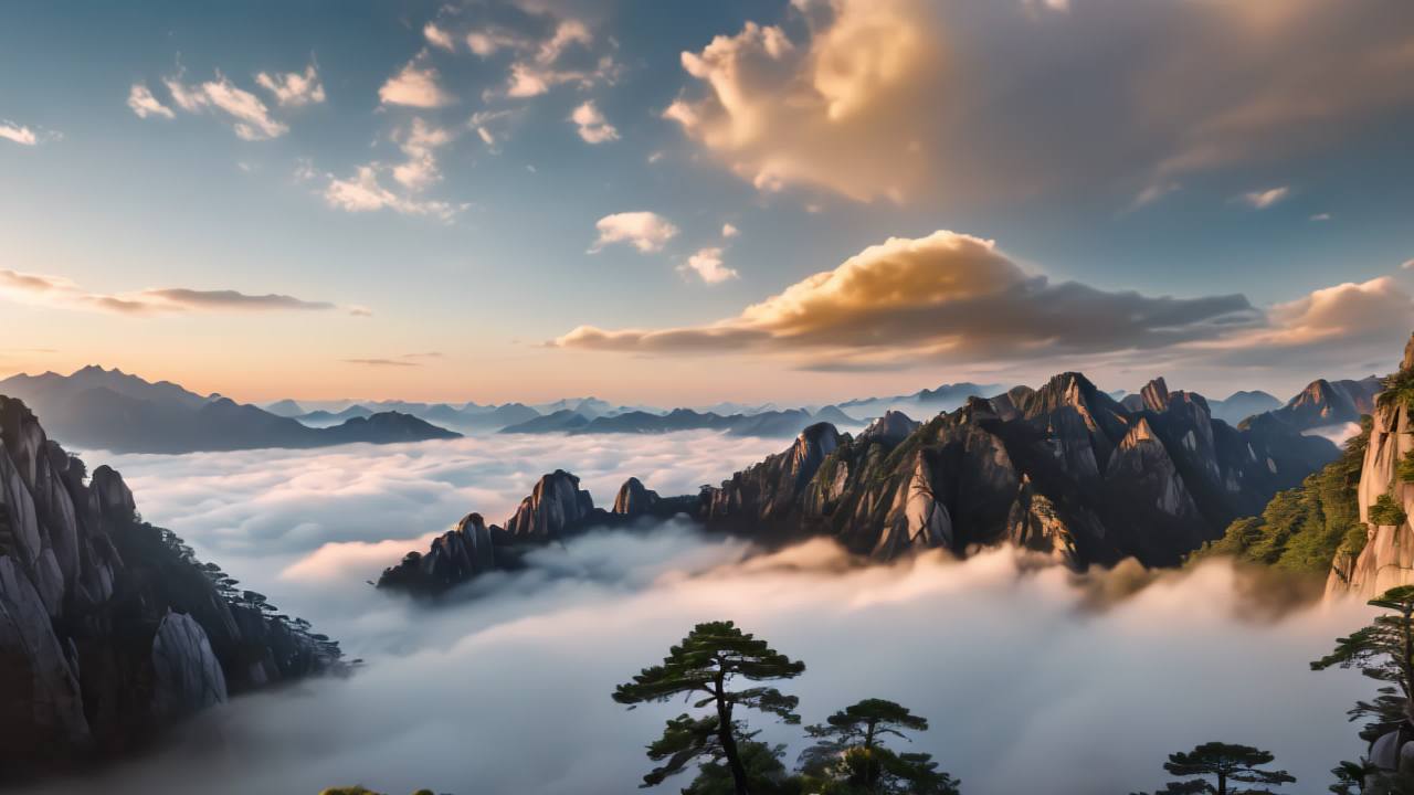 黄山迎客松日出日落云海航拍延时 4
