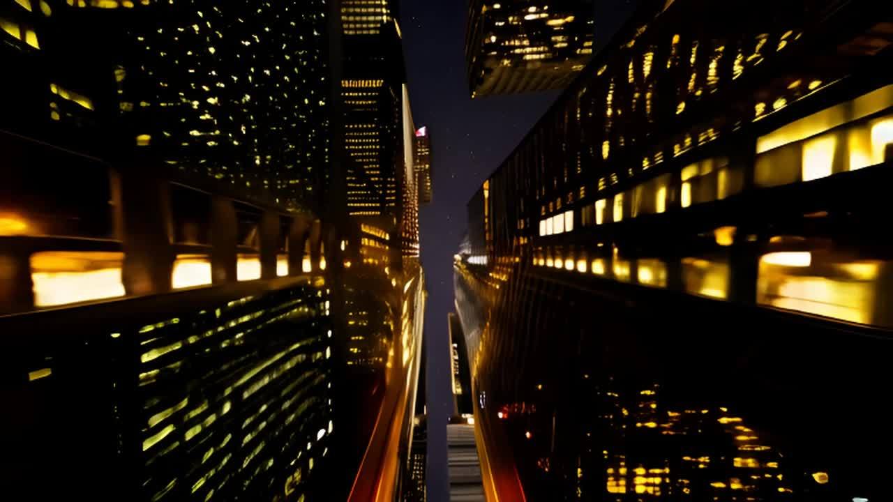 高耸的建筑物在夜色中闪耀着灯光，它们沿着一条狭窄的
