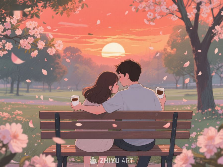 情侣公园长椅上共度夕阳 514