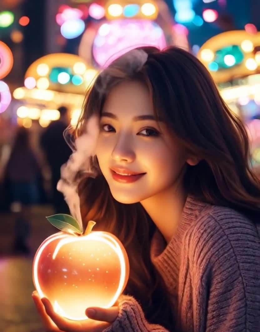 美女持发光苹果，背景模糊灯光与烟雾。