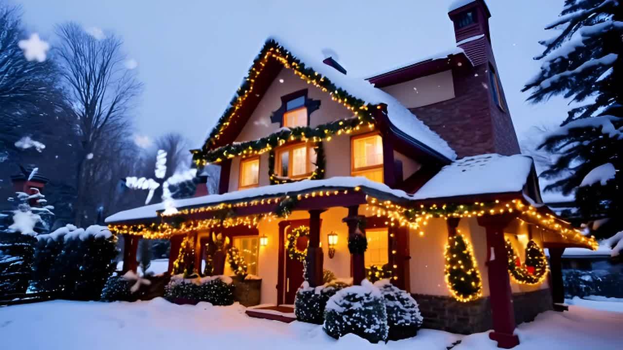 一座被雪覆盖的小屋,屋顶上积满了厚厚的雪。窗户透出