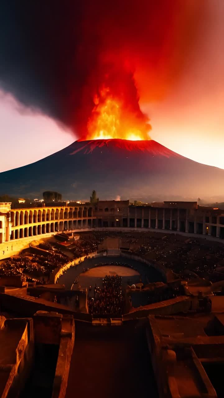 维苏威火山正在爆发，火山灰和岩浆喷向天空。在火山下